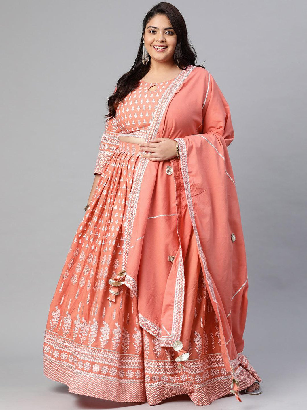 Plus Size Pink Printed Crop Top, lehenga with Dupatta set - divena world