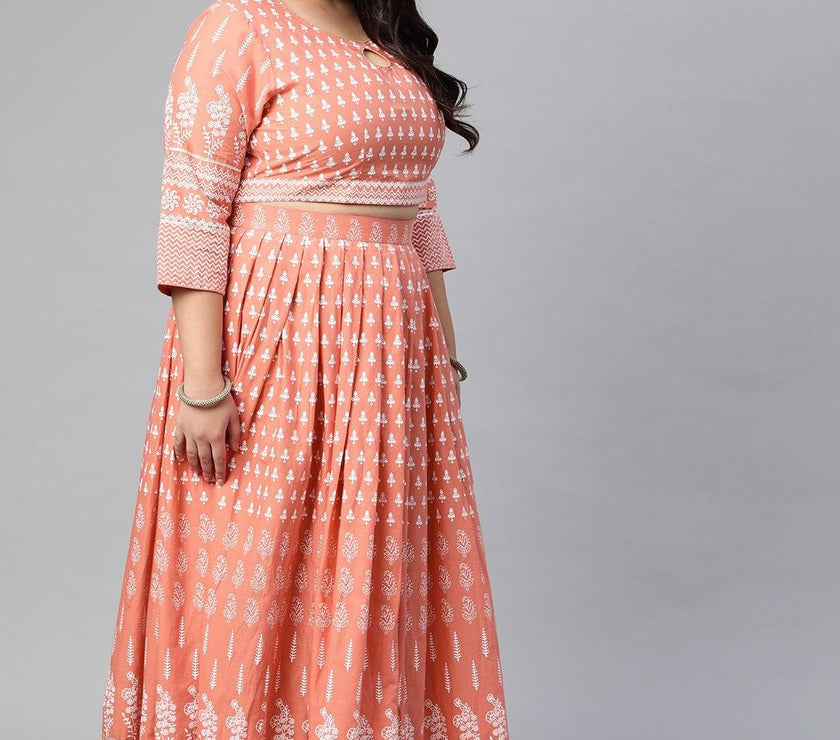 Plus Size Pink Printed Crop Top, lehenga with Dupatta set - divena world