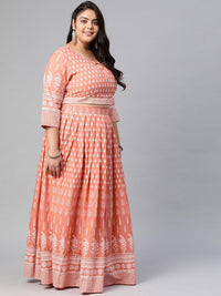 Plus Size Pink Printed Crop Top, lehenga with Dupatta set - divena world