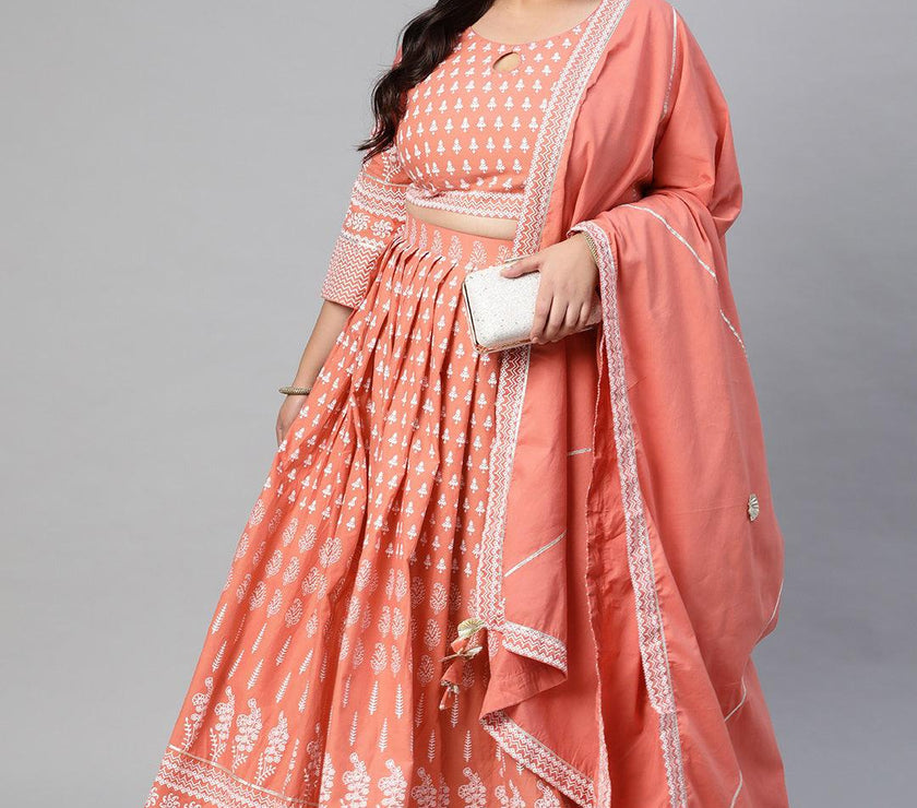 Plus Size Pink Printed Crop Top, lehenga with Dupatta set - divena world