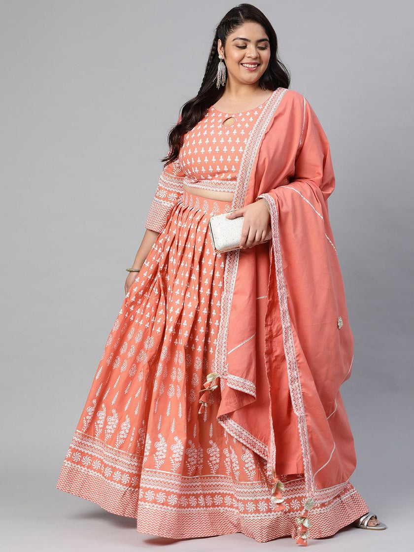 Plus Size Pink Printed Crop Top, lehenga with Dupatta set - divena world