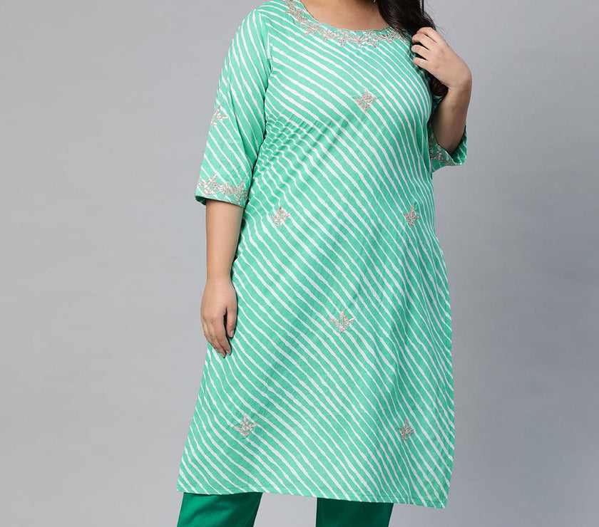 Plus Size Green Leheriya Cotton Gota Patti Straight Kurta - divena world