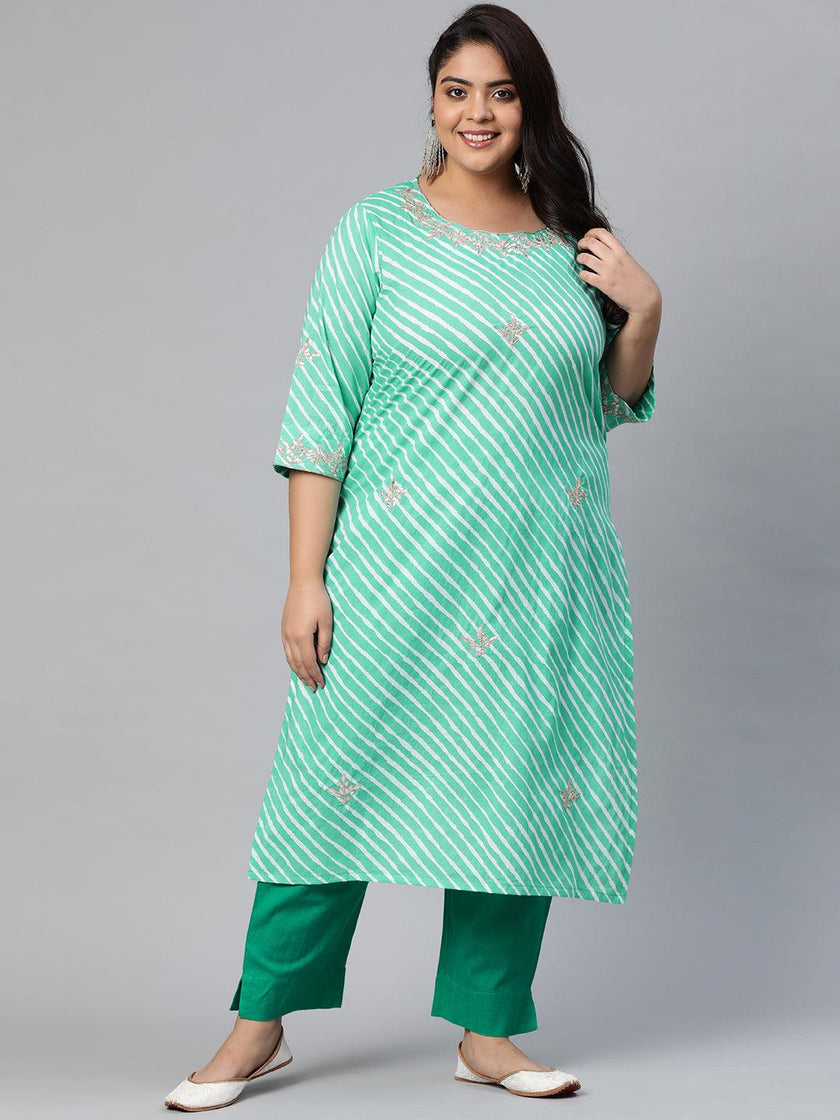 Plus Size Green Leheriya Cotton Gota Patti Straight Kurta - divena world