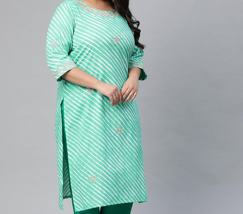 Plus Size Green Leheriya Cotton Gota Patti Straight Kurta - divena world