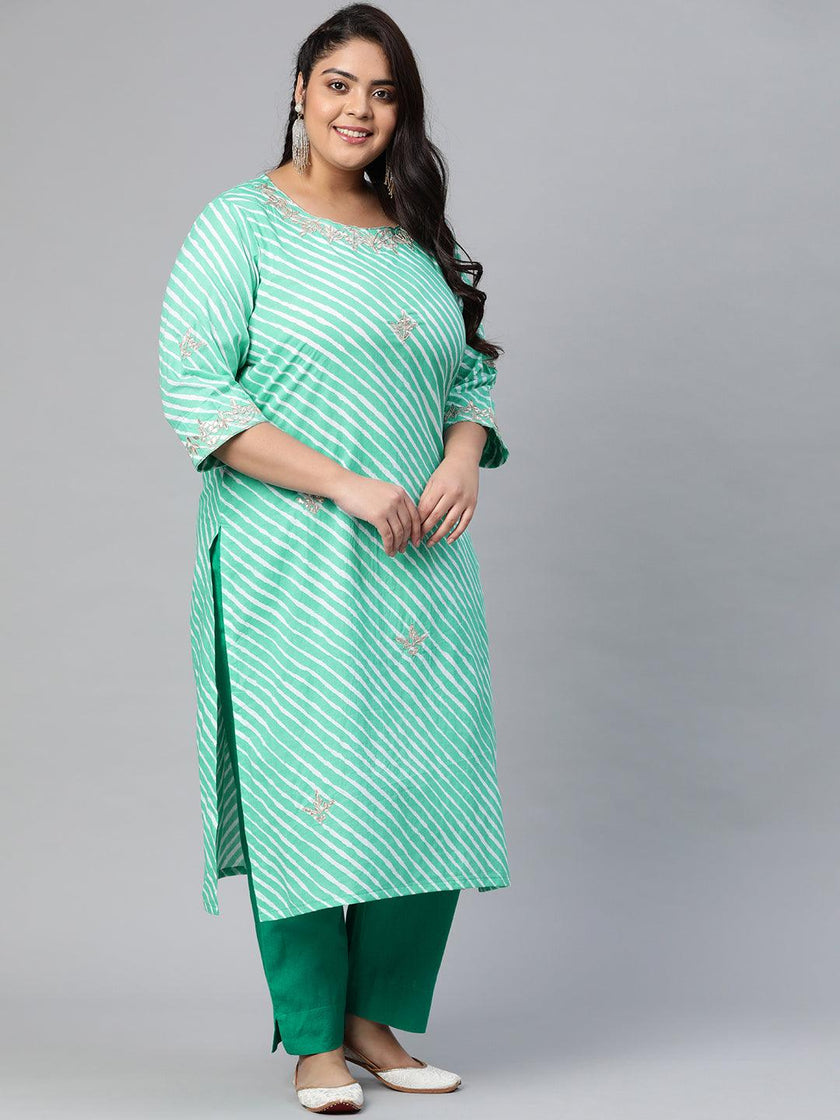 Plus Size Green Leheriya Cotton Gota Patti Straight Kurta - divena world