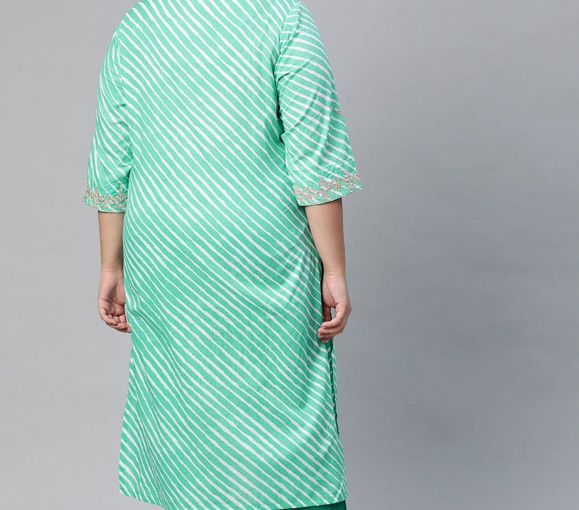 Plus Size Green Leheriya Cotton Gota Patti Straight Kurta - divena world