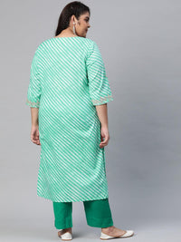 Plus Size Green Leheriya Cotton Gota Patti Straight Kurta - divena world