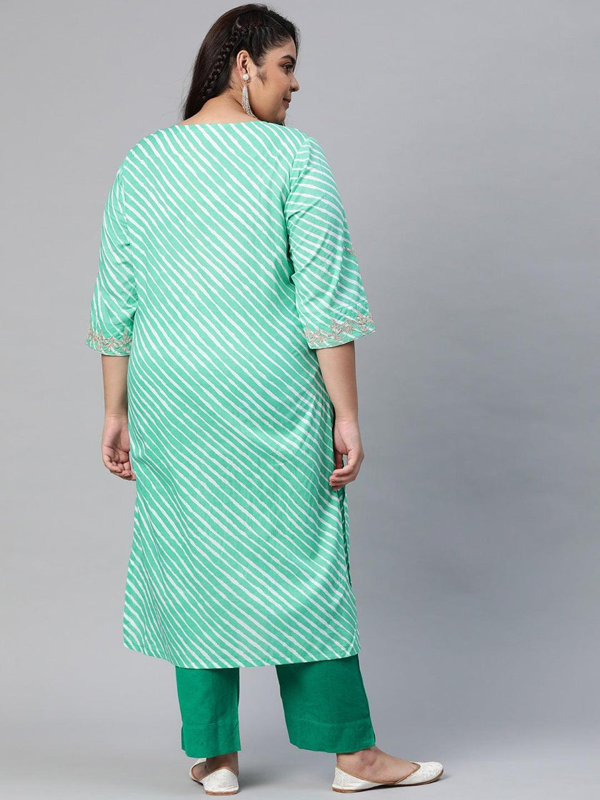 Plus Size Green Leheriya Cotton Gota Patti Straight Kurta - divena world