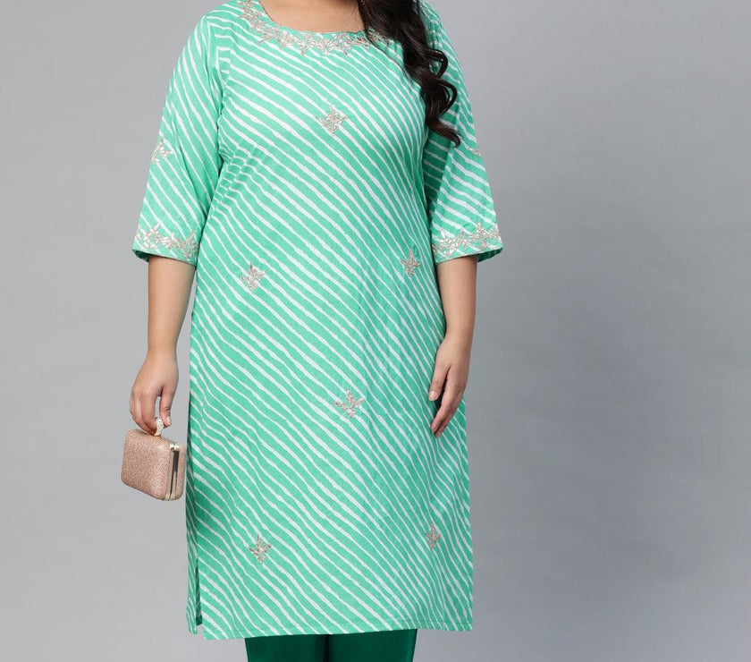 Plus Size Green Leheriya Cotton Gota Patti Straight Kurta - divena world