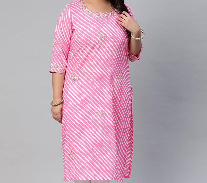 Plus Size Pink Lahariya Cotton Gota patti Straight Kurta - divena world