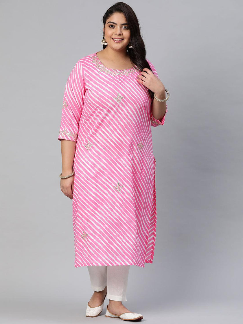 Plus Size Pink Lahariya Cotton Gota patti Straight Kurta - divena world