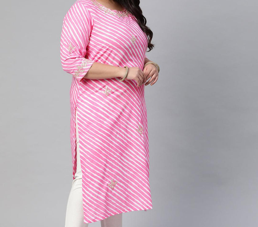 Plus Size Pink Lahariya Cotton Gota patti Straight Kurta - divena world