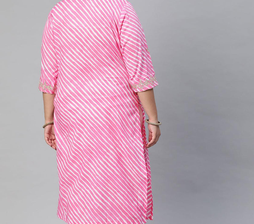 Plus Size Pink Lahariya Cotton Gota patti Straight Kurta - divena world