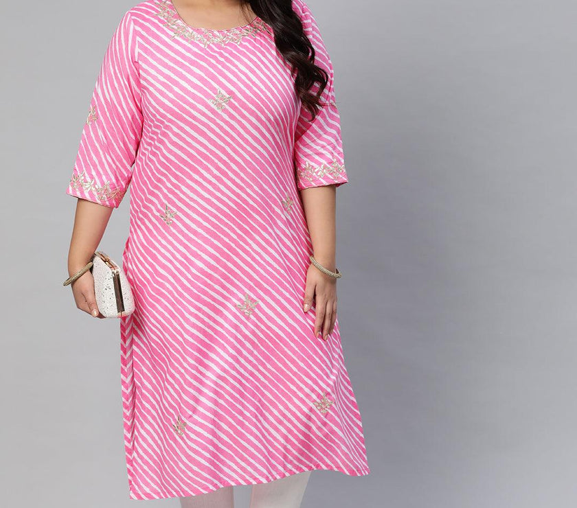 Plus Size Pink Lahariya Cotton Gota patti Straight Kurta - divena world