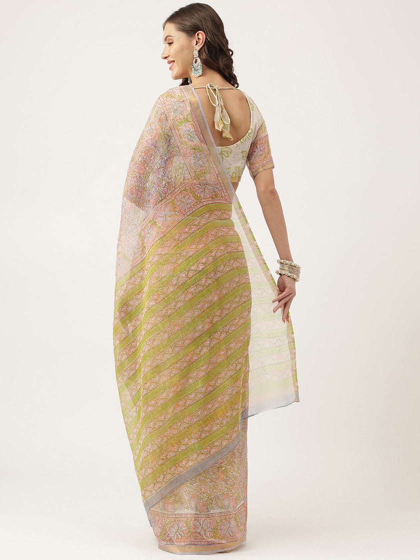 Divena Green HandBlock Kota Doria Saree