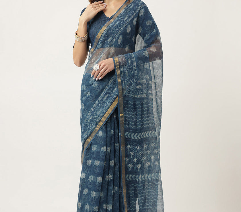 Divena Indigo Blue HandBlock Kota Doria Saree