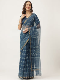 Divena Indigo Blue HandBlock Kota Doria Saree