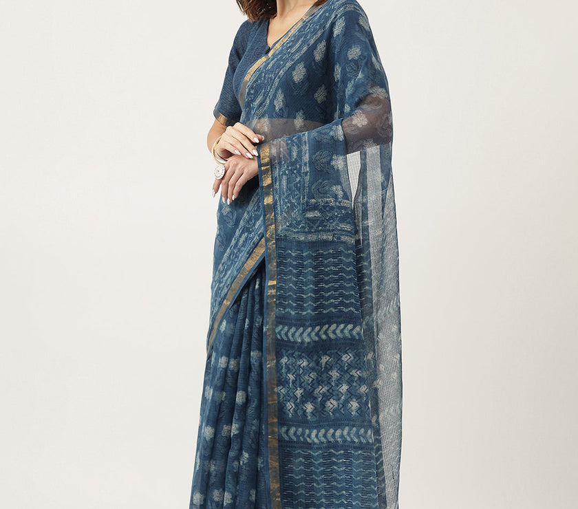 Divena Indigo Blue HandBlock Kota Doria Saree