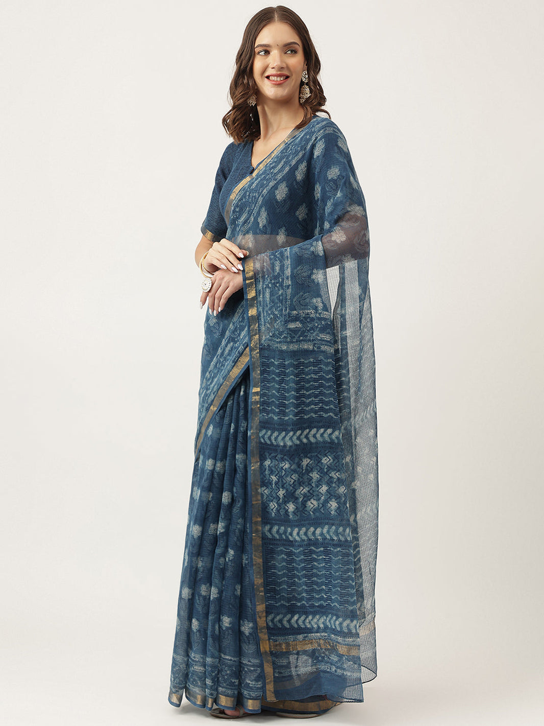 Divena Indigo Blue HandBlock Kota Doria Saree