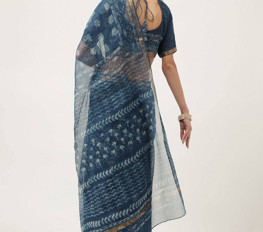 Divena Indigo Blue HandBlock Kota Doria Saree