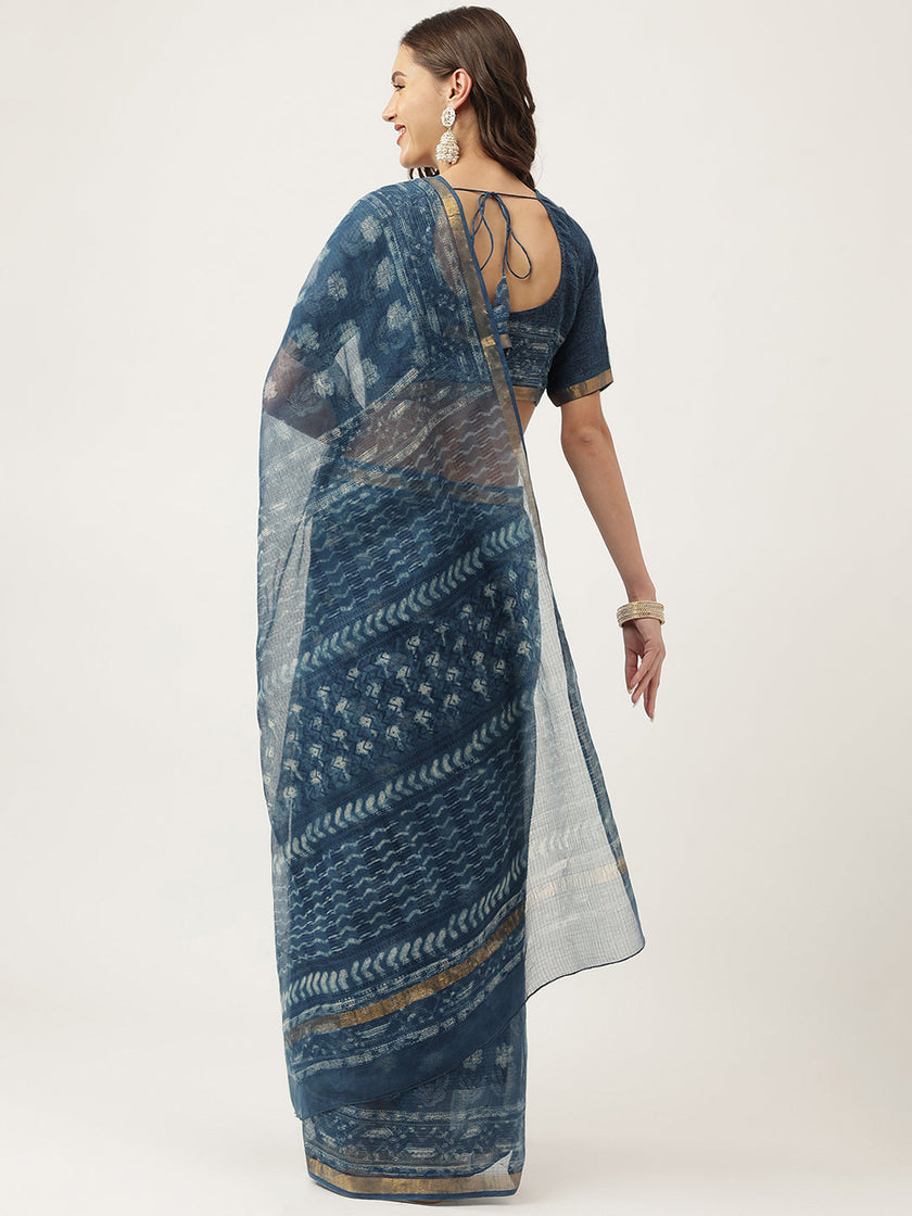 Divena Indigo Blue HandBlock Kota Doria Saree