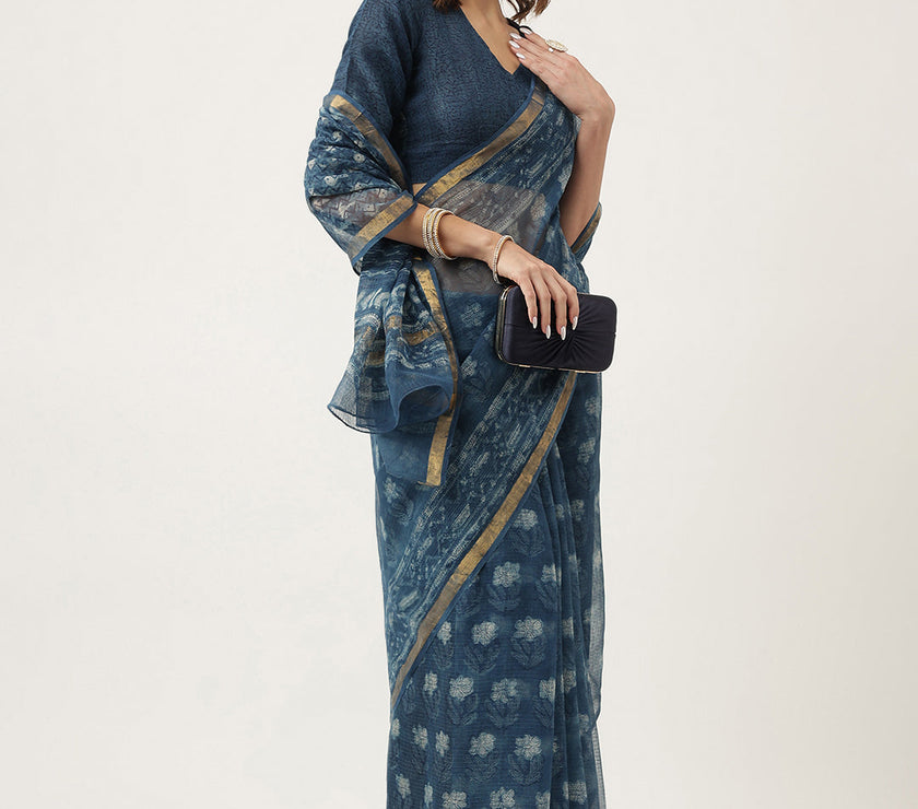 Divena Indigo Blue HandBlock Kota Doria Saree