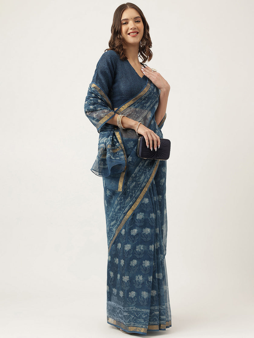 Divena Indigo Blue HandBlock Kota Doria Saree