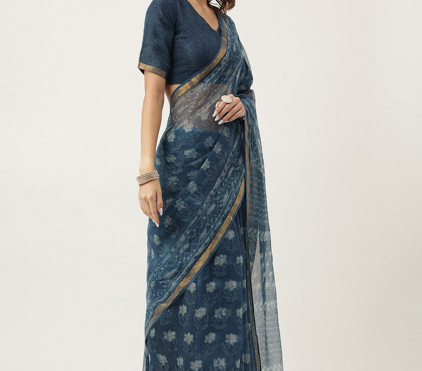 Divena Indigo Blue HandBlock Kota Doria Saree