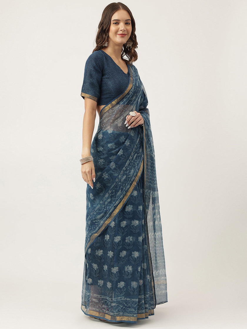 Divena Indigo Blue HandBlock Kota Doria Saree