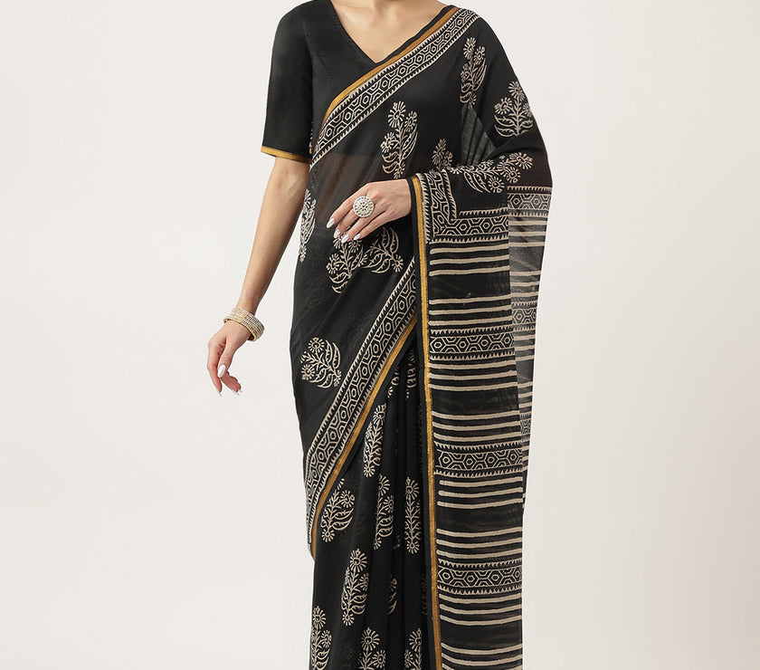 Divena Black HandBlock Chanderi Silk Saree