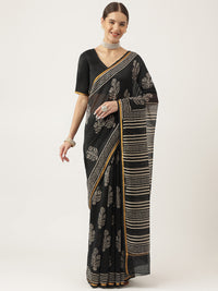 Divena Black HandBlock Chanderi Silk Saree