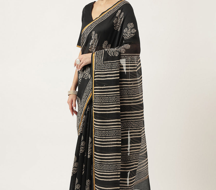 Divena Black HandBlock Chanderi Silk Saree