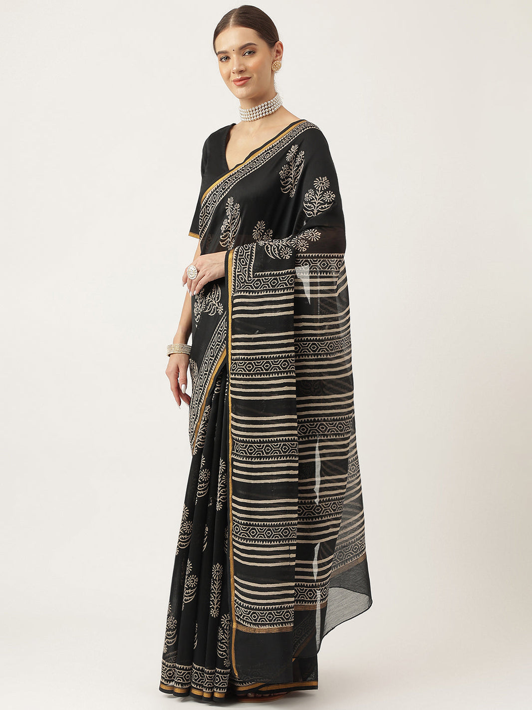 Divena Black HandBlock Chanderi Silk Saree