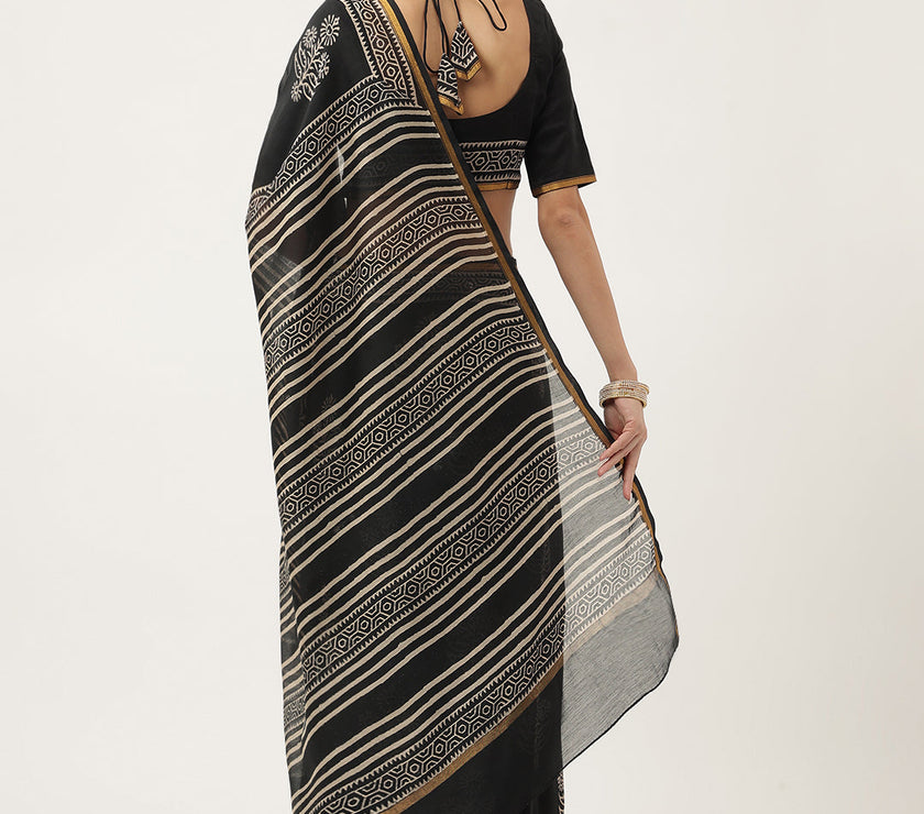 Divena Black HandBlock Chanderi Silk Saree