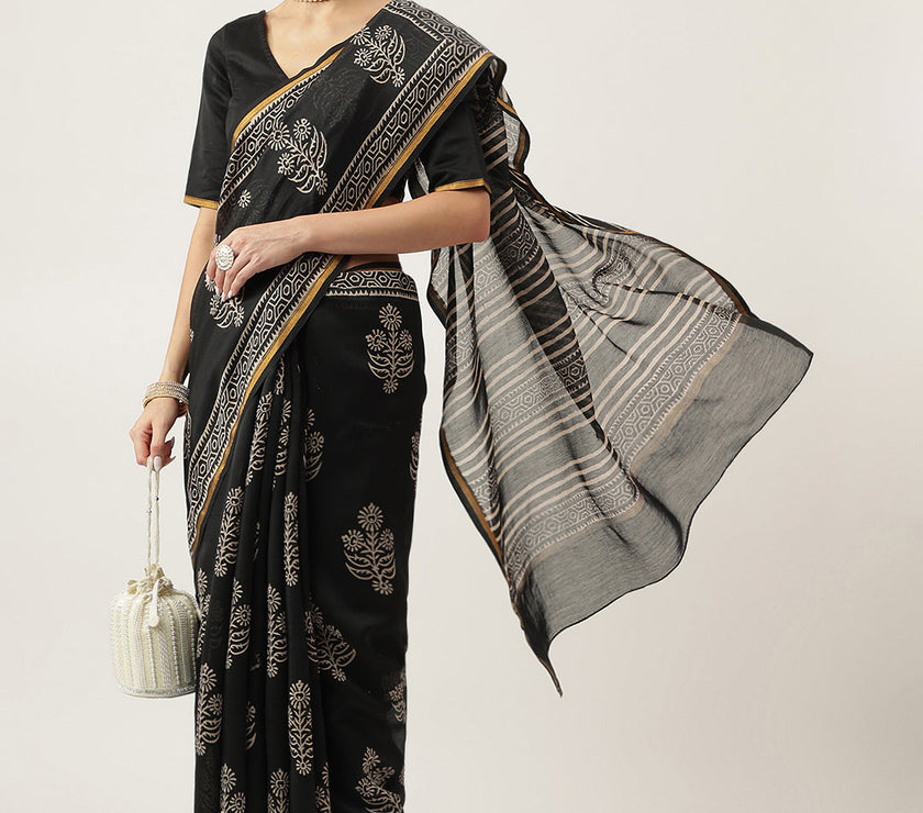 Divena Black HandBlock Chanderi Silk Saree