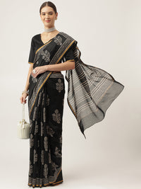 Divena Black HandBlock Chanderi Silk Saree