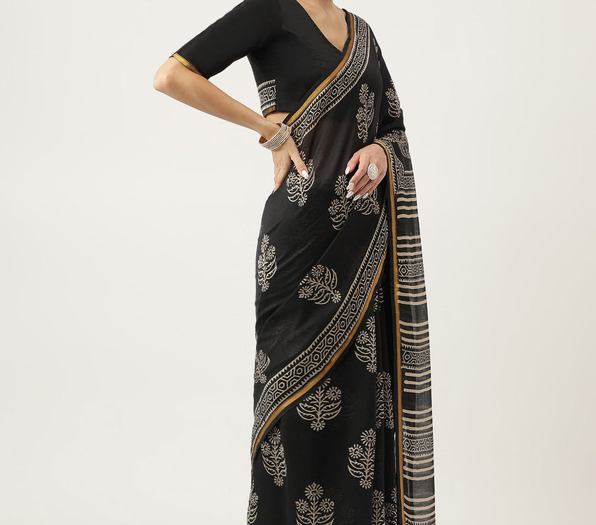 Divena Black HandBlock Chanderi Silk Saree