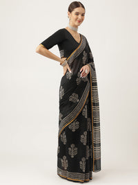 Divena Black HandBlock Chanderi Silk Saree