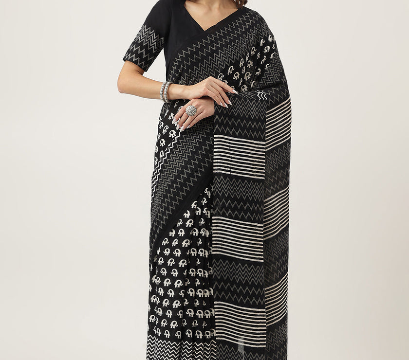 Divena Black HandBlock MulMul Cotton Saree