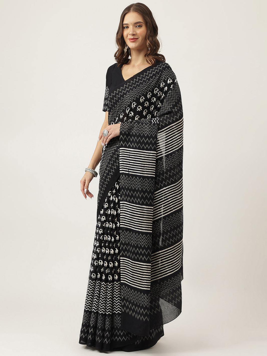 Divena Black HandBlock MulMul Cotton Saree