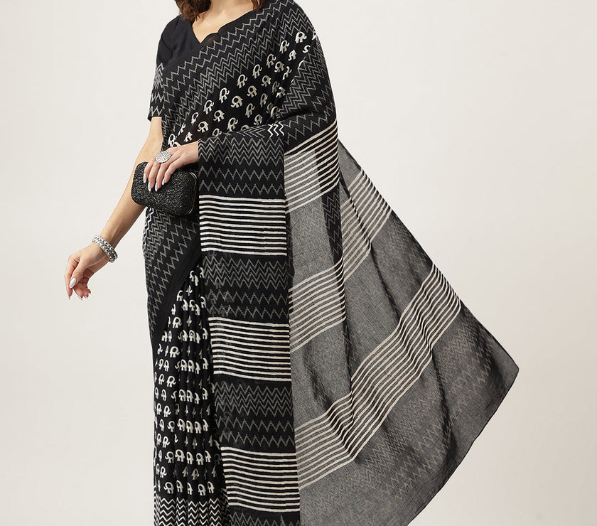 Divena Black HandBlock MulMul Cotton Saree