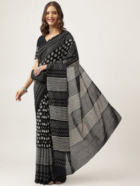 Divena Black HandBlock MulMul Cotton Saree