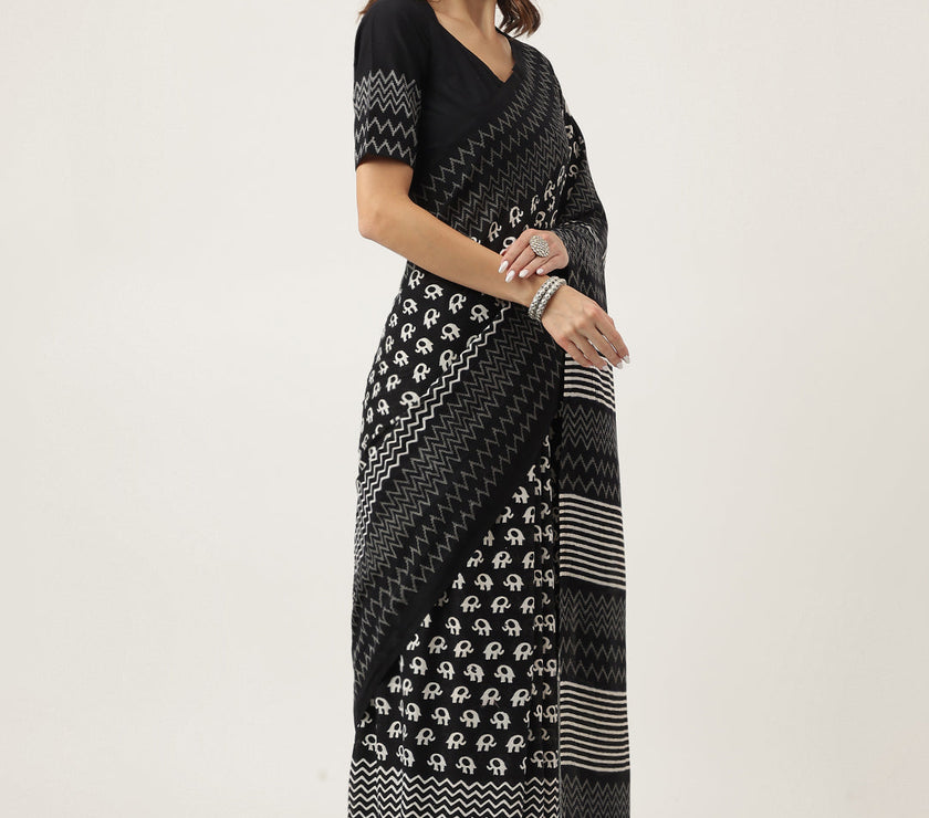 Divena Black HandBlock MulMul Cotton Saree