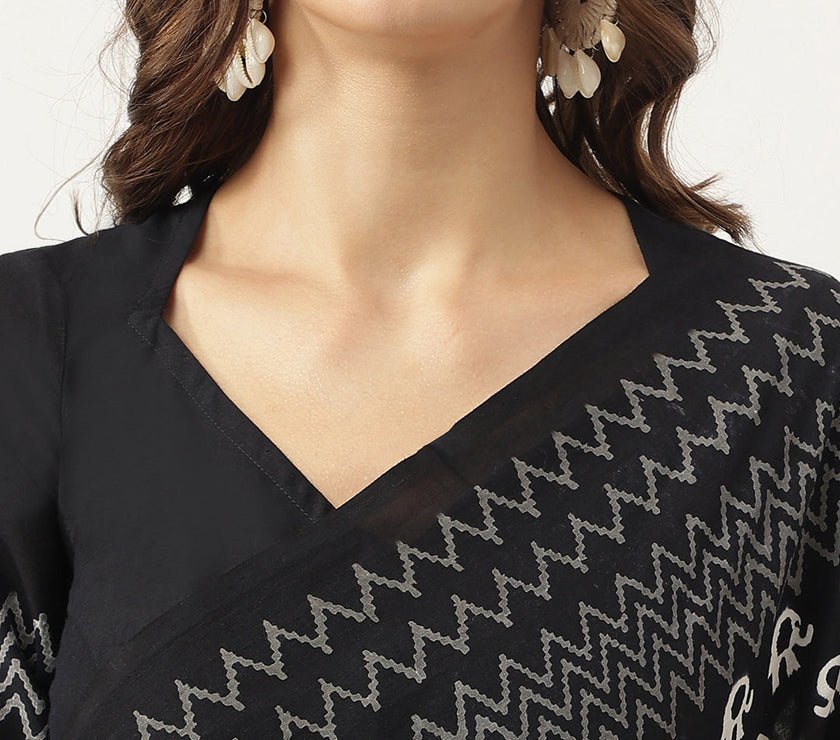 Divena Black HandBlock MulMul Cotton Saree