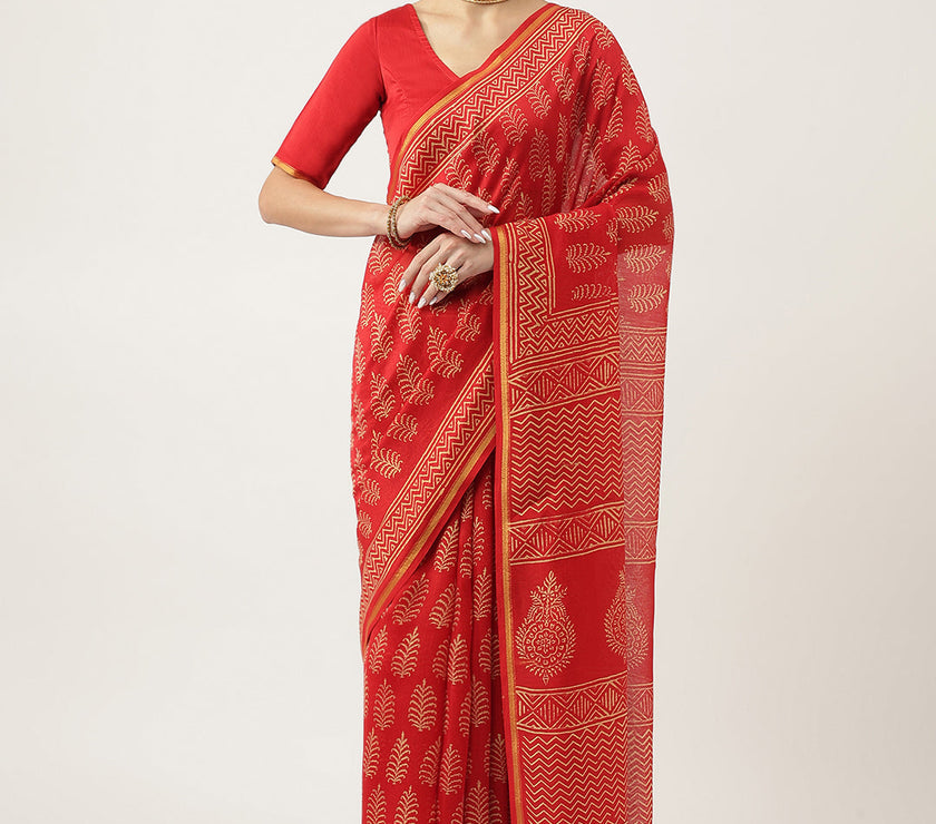 Divena Red HandBlock Chanderi Silk Saree