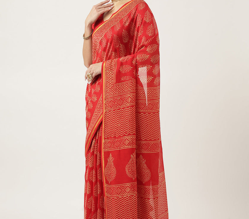 Divena Red HandBlock Chanderi Silk Saree