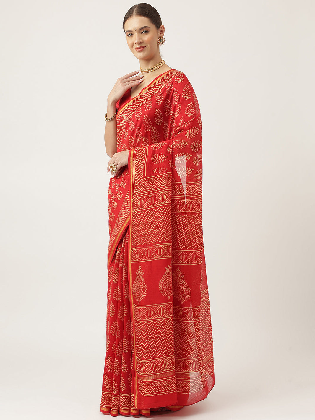 Divena Red HandBlock Chanderi Silk Saree