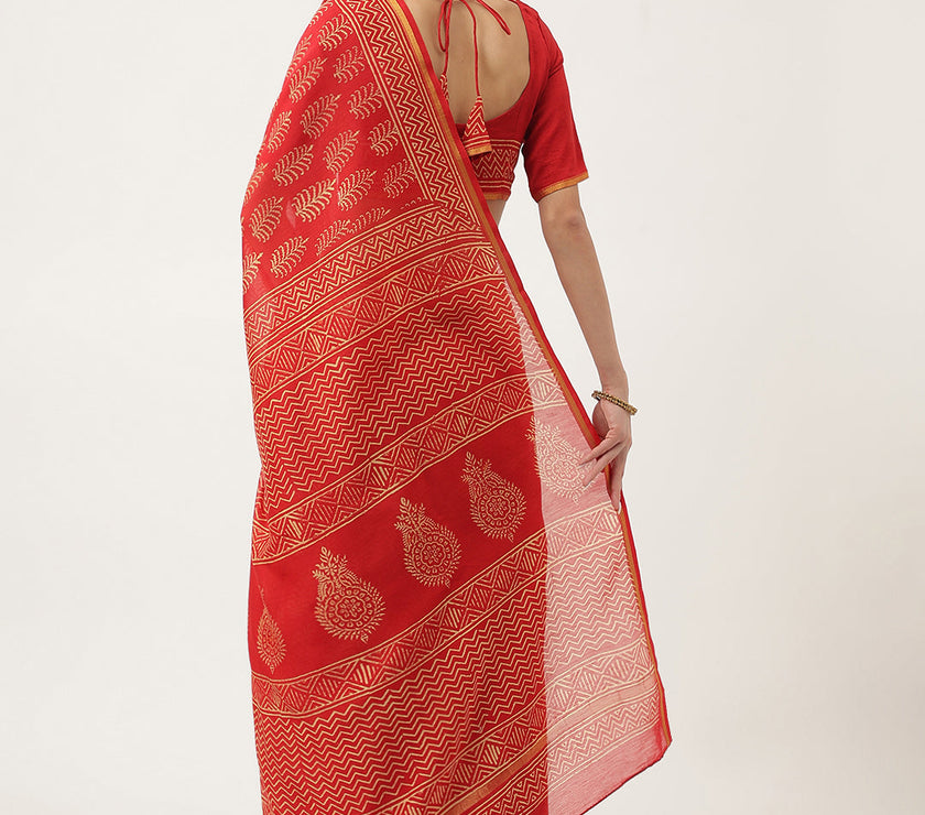 Divena Red HandBlock Chanderi Silk Saree