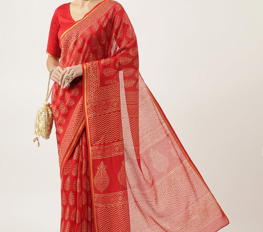 Divena Red HandBlock Chanderi Silk Saree