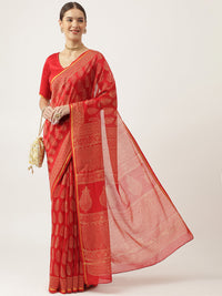 Divena Red HandBlock Chanderi Silk Saree